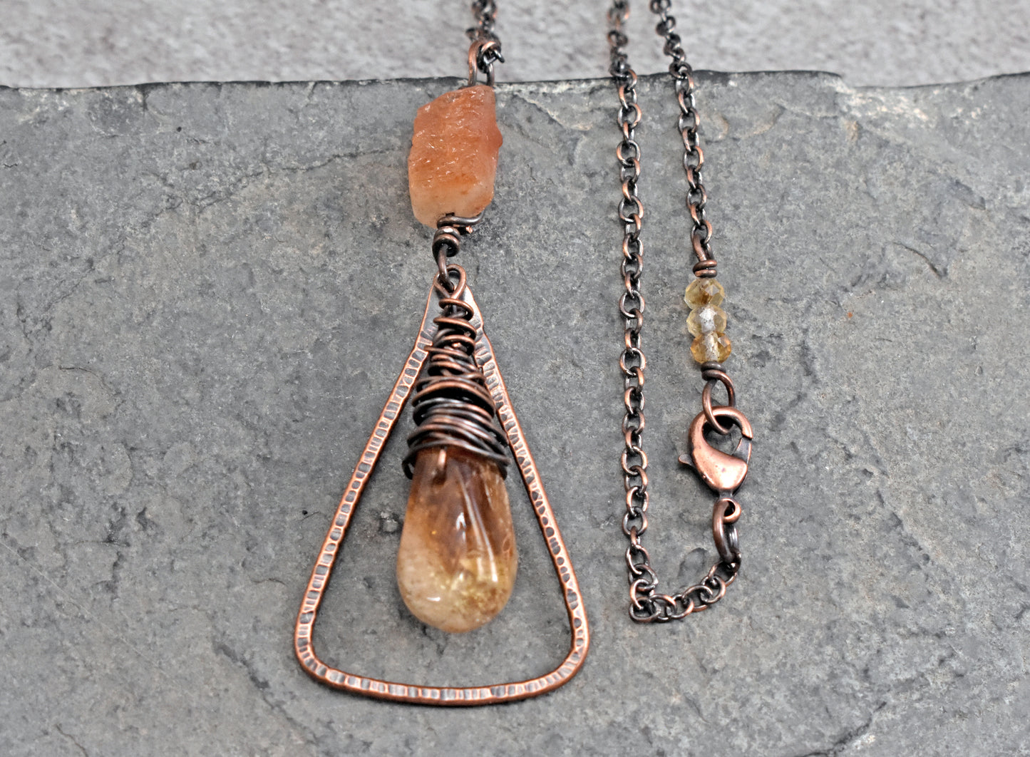 Citrine, Sunstone and Copper Necklace, Natural Yellow and Orange Stone Pendant, Rustic Handmade Jewelry