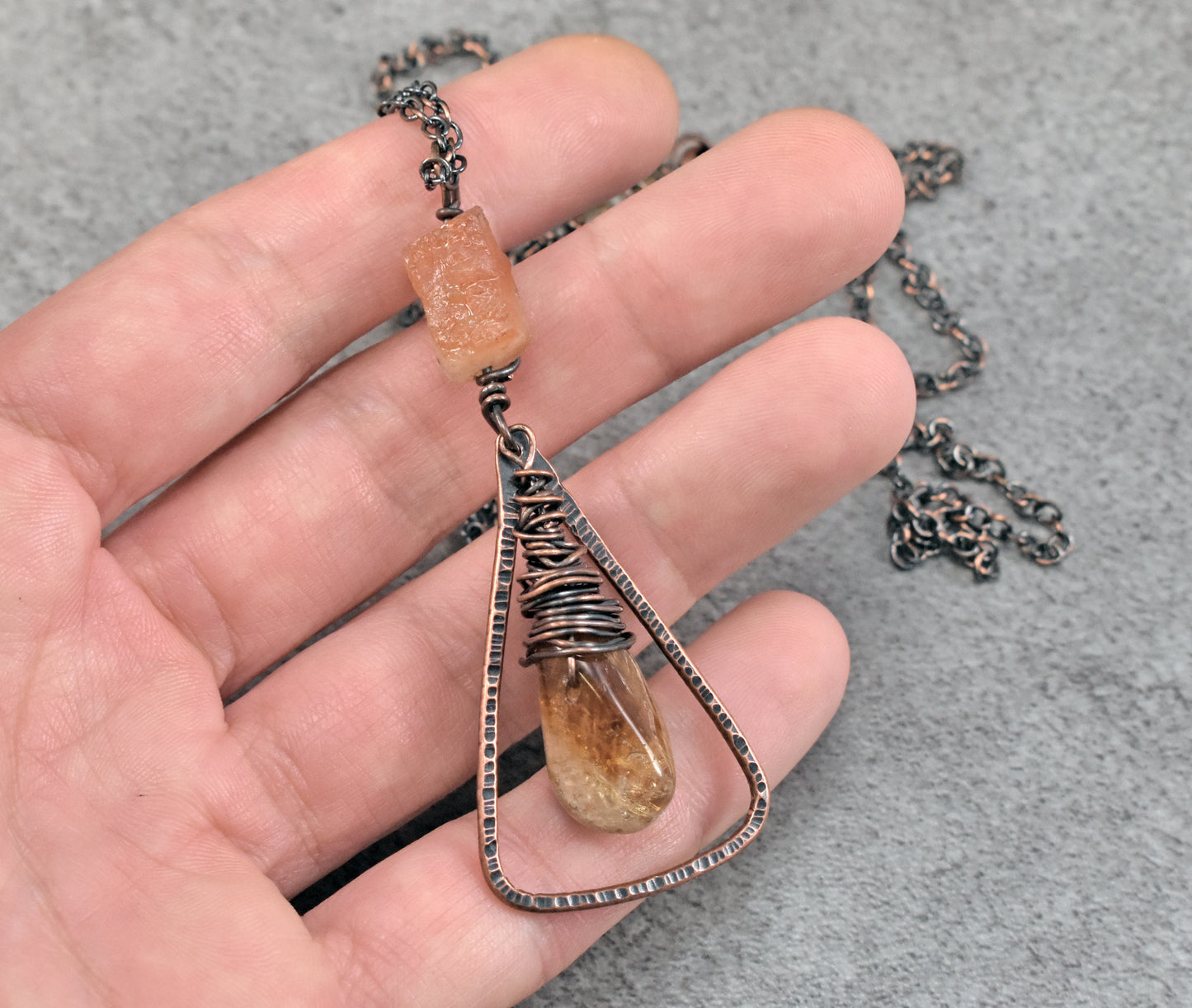 Citrine, Sunstone and Copper Necklace, Natural Yellow and Orange Stone Pendant, Rustic Handmade Jewelry