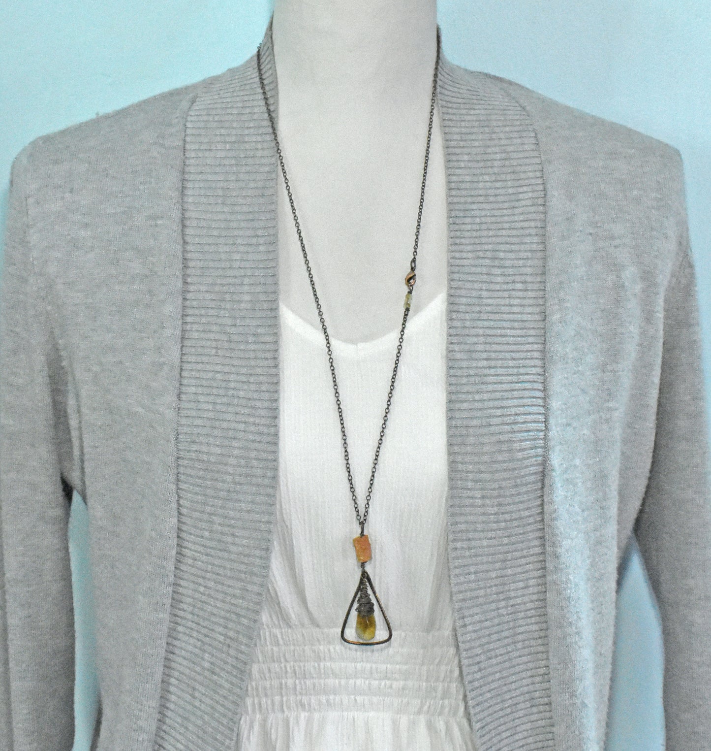 Citrine, Sunstone and Copper Necklace, Natural Yellow and Orange Stone Pendant, Rustic Handmade Jewelry