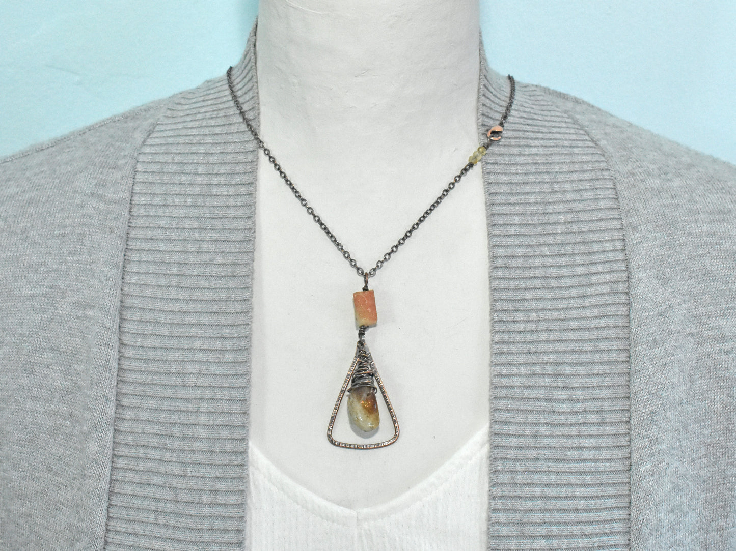 Citrine, Sunstone and Copper Necklace, Natural Yellow and Orange Stone Pendant, Rustic Handmade Jewelry