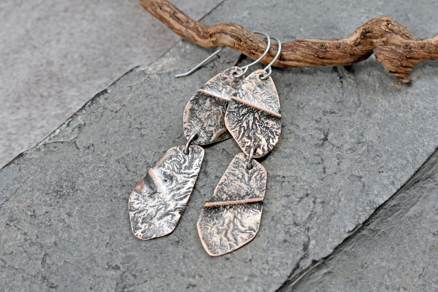 Long Mixed Metal Artisan Statement Earrings, Sterling Silver on Copper, Organic Rustic Metalsmith Jewelry