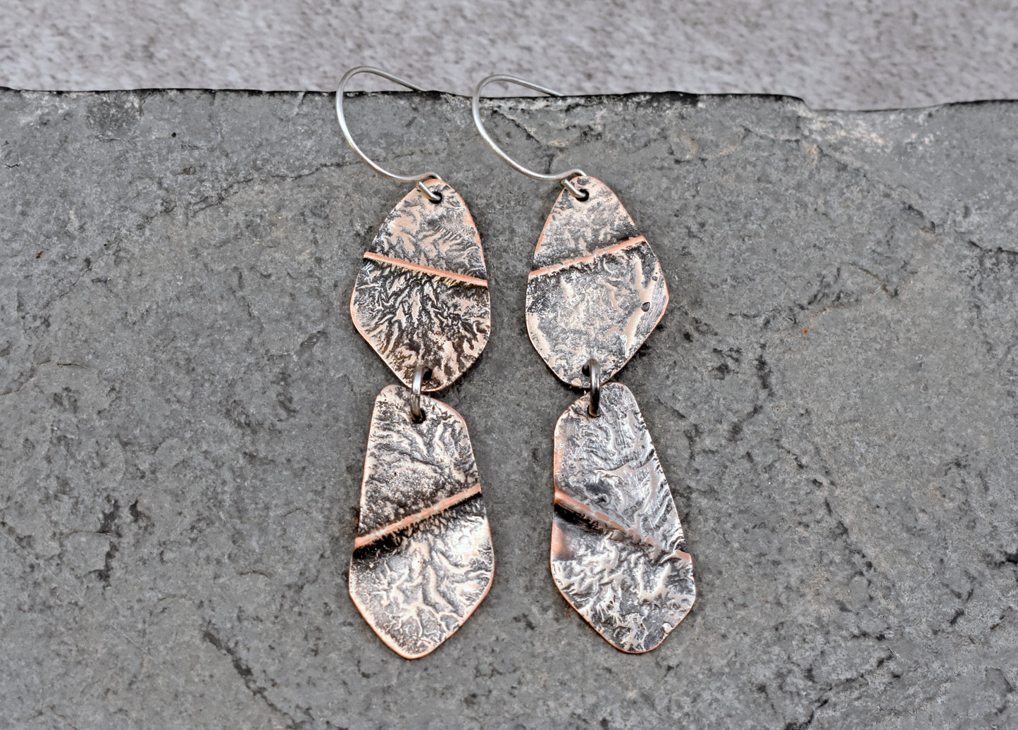 Long Mixed Metal Artisan Statement Earrings, Sterling Silver on Copper, Organic Rustic Metalsmith Jewelry