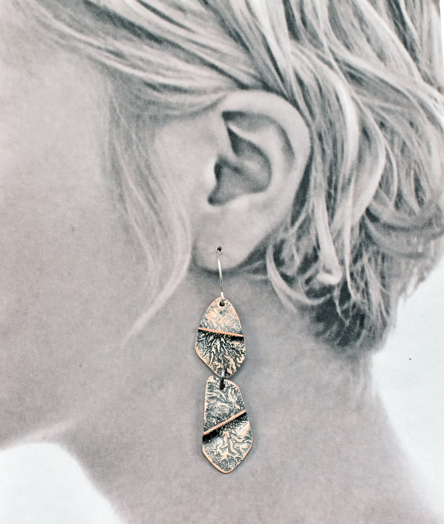 Long Mixed Metal Artisan Statement Earrings, Sterling Silver on Copper, Organic Rustic Metalsmith Jewelry