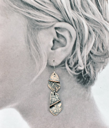 Long Mixed Metal Artisan Statement Earrings, Sterling Silver on Copper, Organic Rustic Metalsmith Jewelry