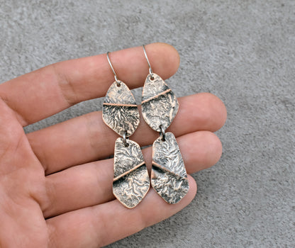 Long Mixed Metal Artisan Statement Earrings, Sterling Silver on Copper, Organic Rustic Metalsmith Jewelry