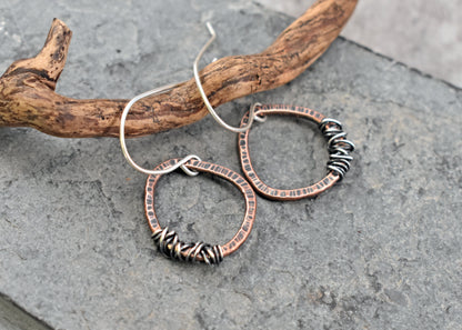 Small Mixed Metal Copper and Sterling Silver Wire Earrings, Organic Rustic Metalsmith Jewelry