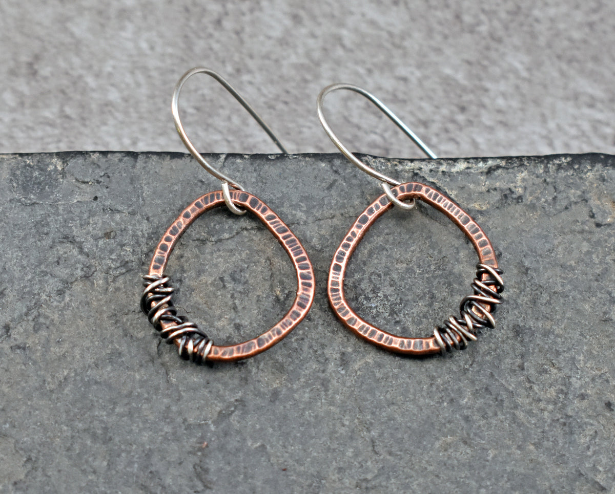 Small Mixed Metal Copper and Sterling Silver Wire Earrings, Organic Rustic Metalsmith Jewelry