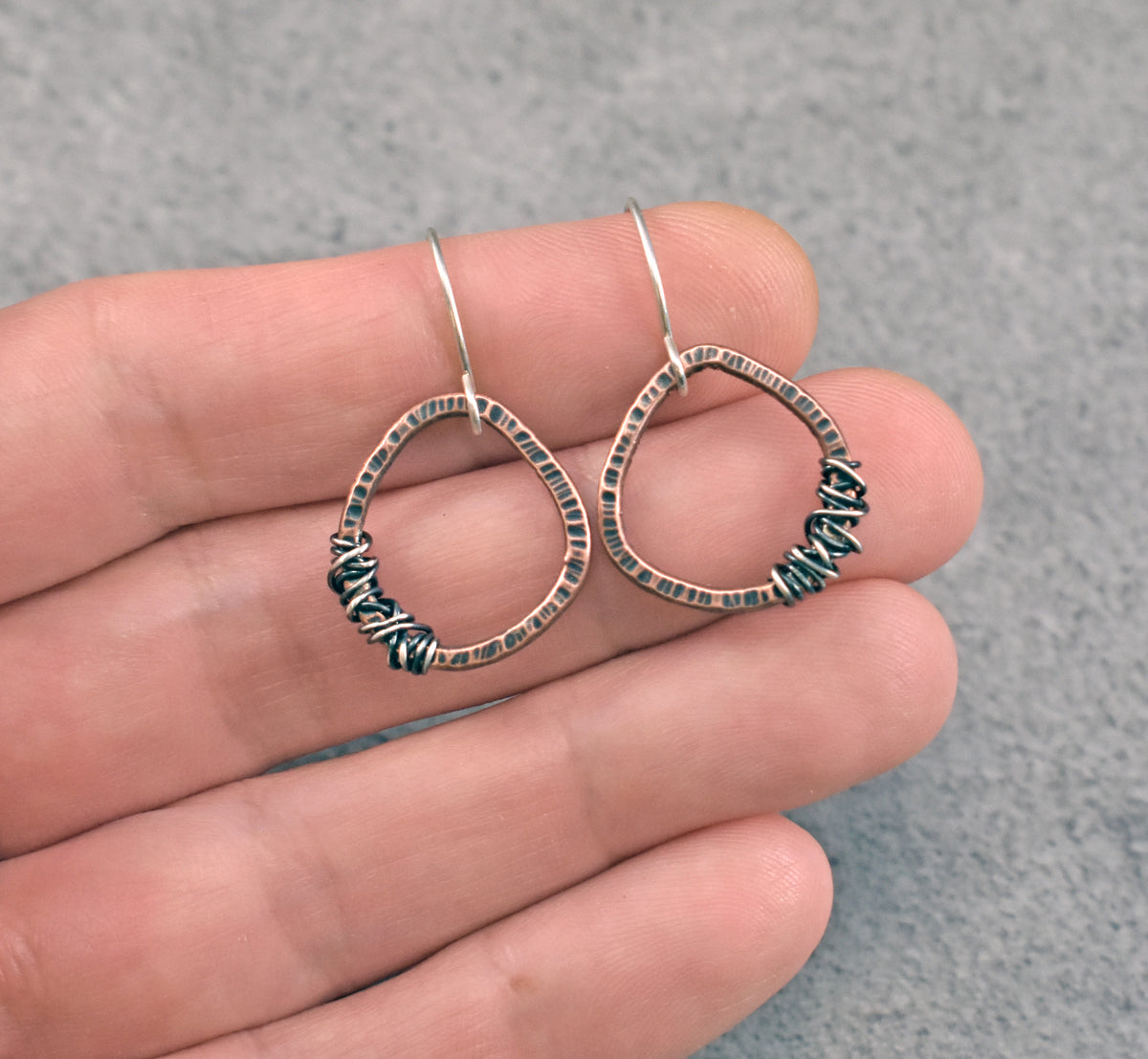 Small Mixed Metal Copper and Sterling Silver Wire Earrings, Organic Rustic Metalsmith Jewelry