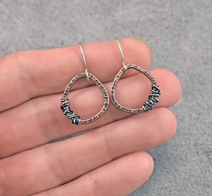 Small Mixed Metal Copper and Sterling Silver Wire Earrings, Organic Rustic Metalsmith Jewelry
