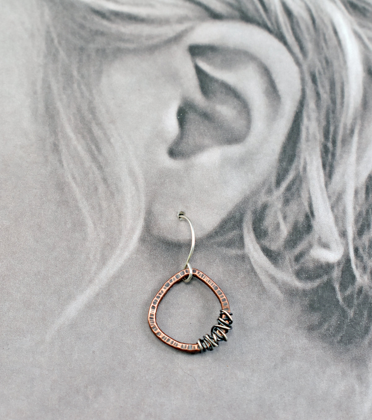 Small Mixed Metal Copper and Sterling Silver Wire Earrings, Organic Rustic Metalsmith Jewelry