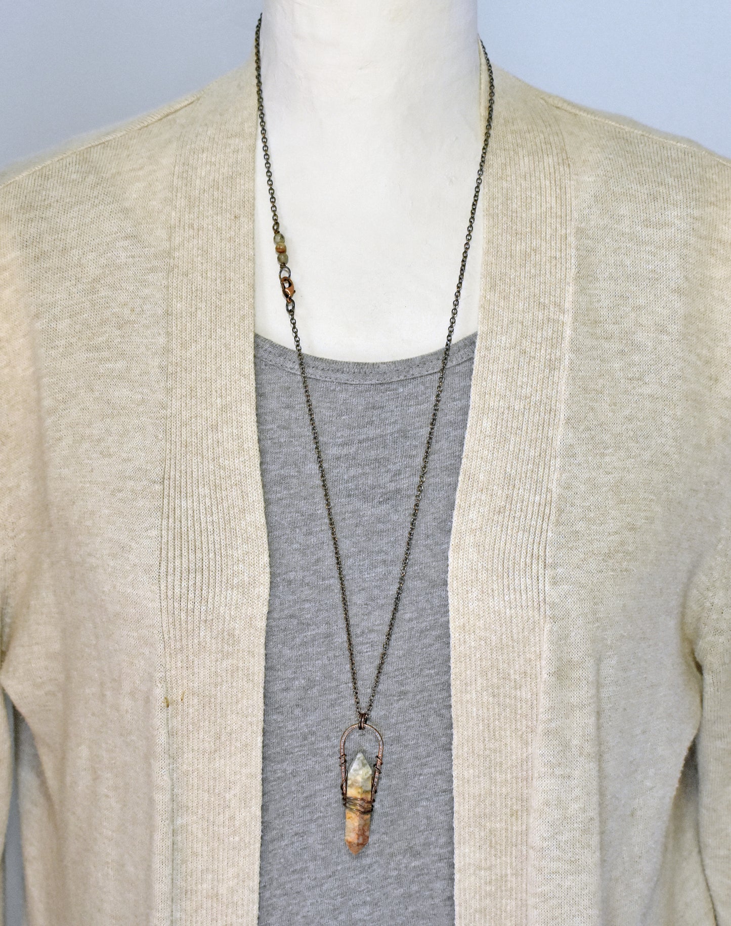 Long Crazy Lace Agate Necklace, Rustic Hammered Copper Wire Pendant