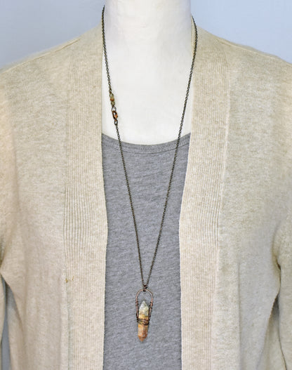 Long Crazy Lace Agate Necklace, Rustic Hammered Copper Wire Pendant