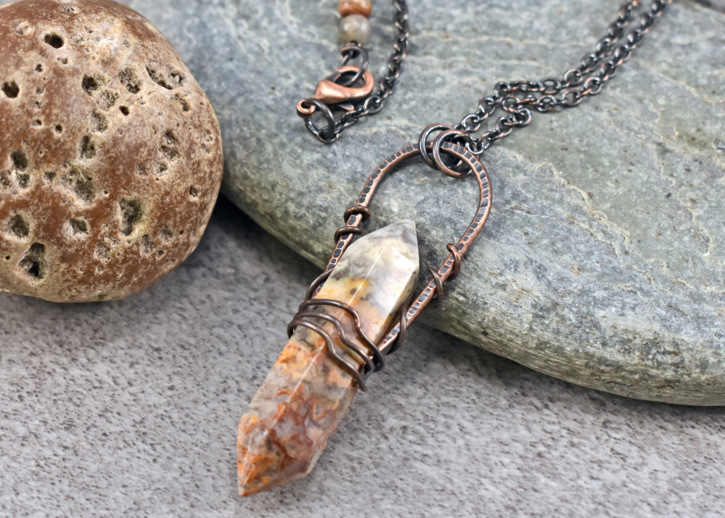 Long Crazy Lace Agate Necklace, Rustic Hammered Copper Wire Pendant