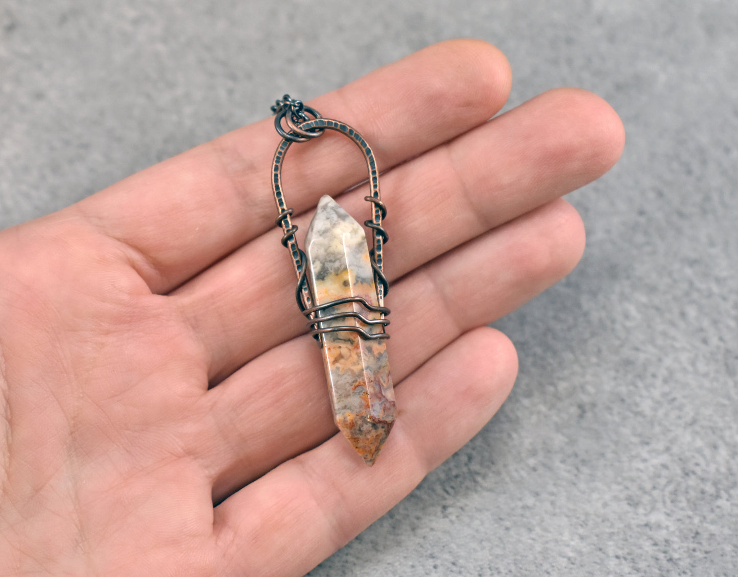 Long Crazy Lace Agate Necklace, Rustic Hammered Copper Wire Pendant