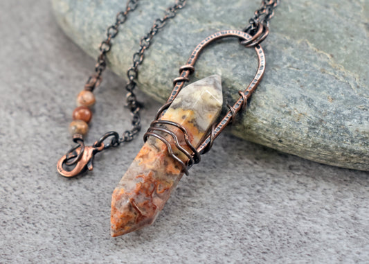 Long Crazy Lace Agate Necklace, Rustic Hammered Copper Wire Pendant