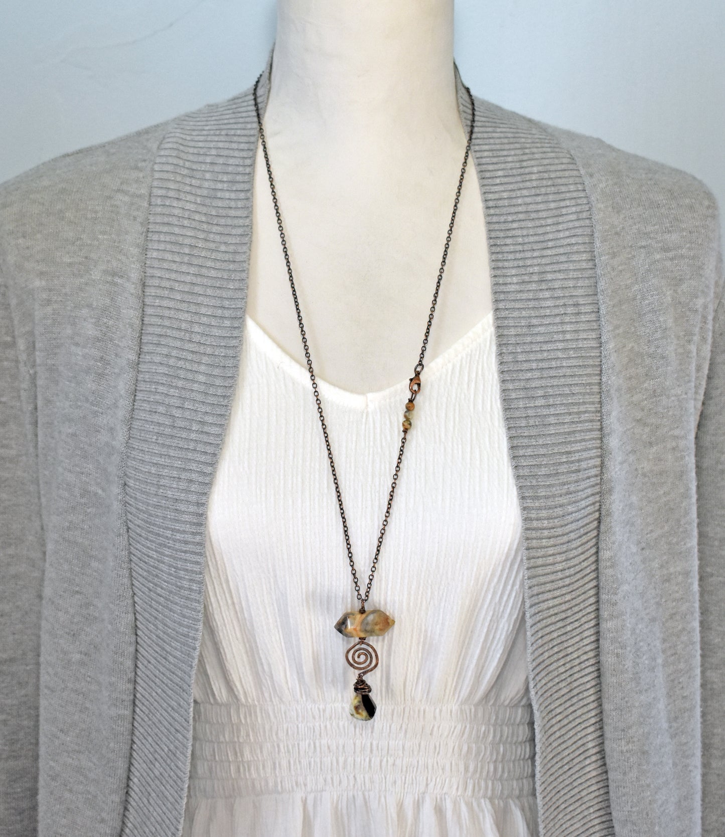 Crazy Lace Agate and Rutilated Quartz Necklace, Hammered Copper Wire Spiral Pendant, Rustic Gemstone Jewelry