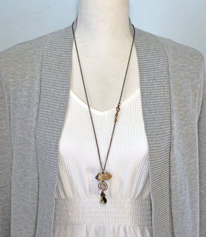 Crazy Lace Agate and Rutilated Quartz Necklace, Hammered Copper Wire Spiral Pendant, Rustic Gemstone Jewelry