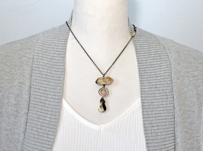 Crazy Lace Agate and Rutilated Quartz Necklace, Hammered Copper Wire Spiral Pendant, Rustic Gemstone Jewelry