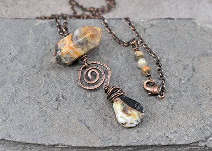 Crazy Lace Agate and Rutilated Quartz Necklace, Hammered Copper Wire Spiral Pendant, Rustic Gemstone Jewelry