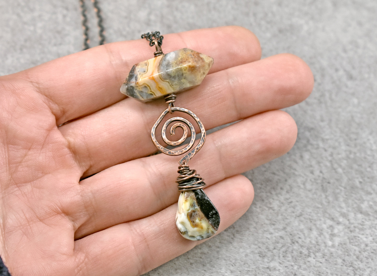 Crazy Lace Agate and Rutilated Quartz Necklace, Hammered Copper Wire Spiral Pendant, Rustic Gemstone Jewelry