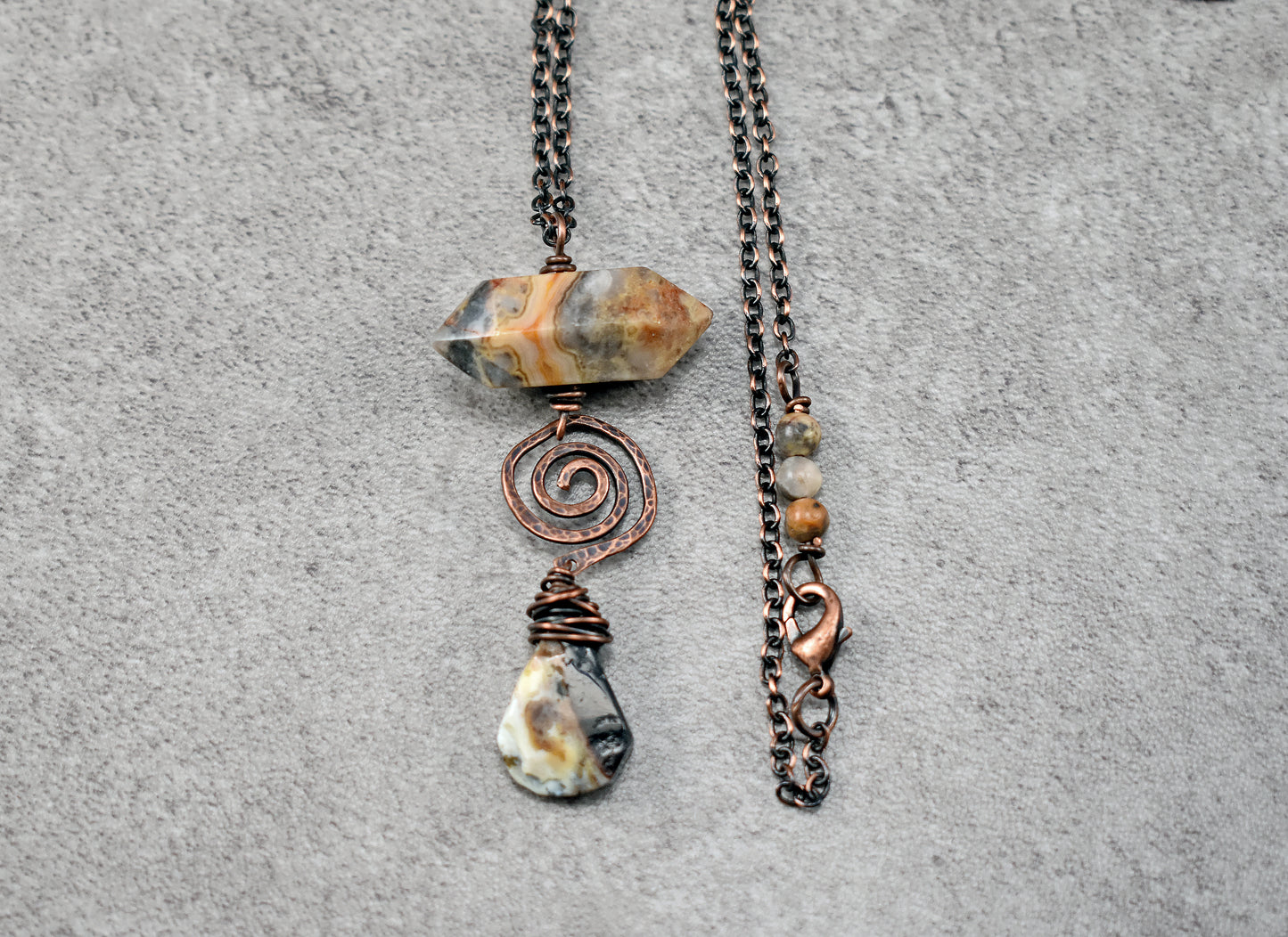Crazy Lace Agate and Rutilated Quartz Necklace, Hammered Copper Wire Spiral Pendant, Rustic Gemstone Jewelry
