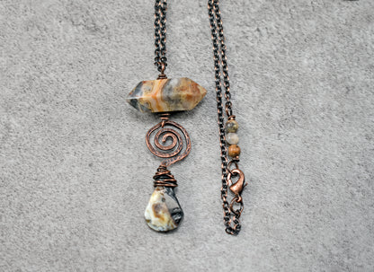 Crazy Lace Agate and Rutilated Quartz Necklace, Hammered Copper Wire Spiral Pendant, Rustic Gemstone Jewelry
