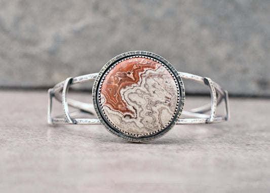 Crazy Lace Agate and Sterling Silver Cuff Bracelet, Size Small