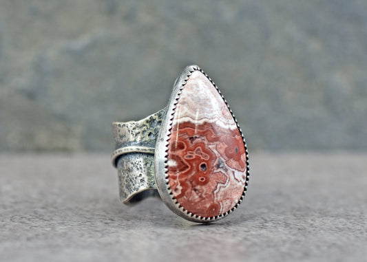 Crazy Lace Agate Wide Band Ring in Sterling Silver, Size 9, Handmade Silversmith Jewelry