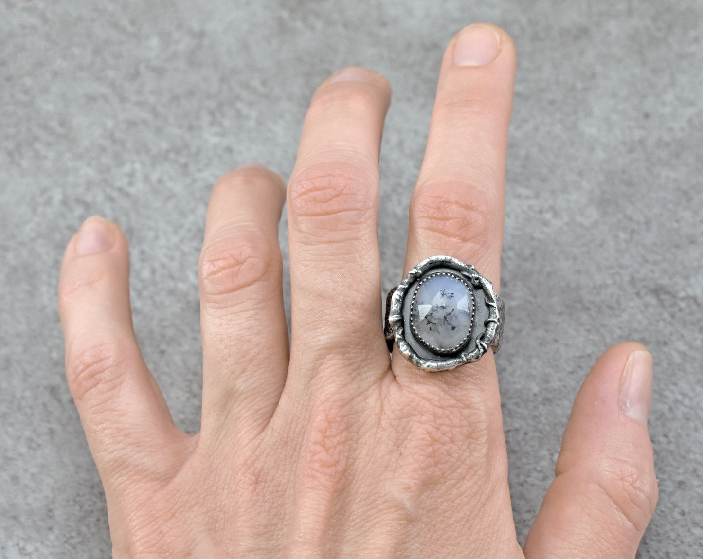 Dendritic Opal and Sterling Silver Wide Band Statement Ring, Artisan Silversmith Jewelry, Size 8.5