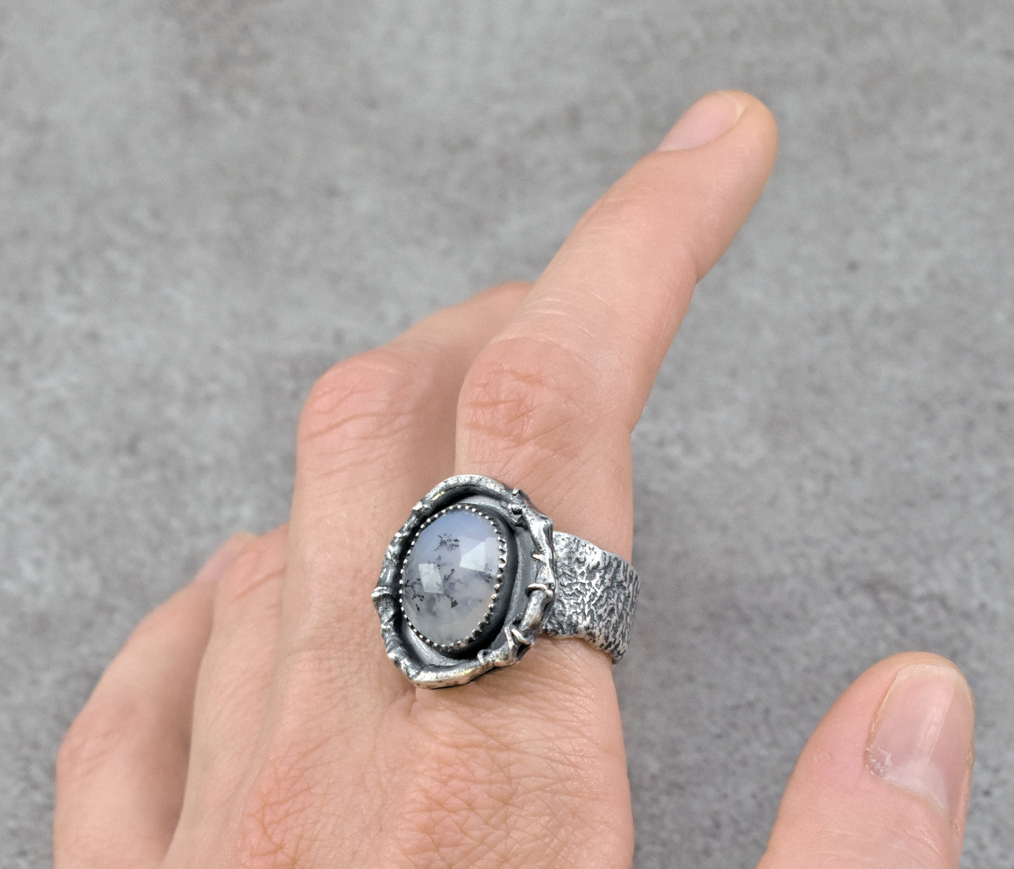 Dendritic Opal and Sterling Silver Wide Band Statement Ring, Artisan Silversmith Jewelry, Size 8.5