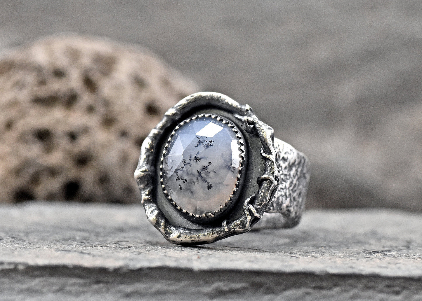 Dendritic Opal and Sterling Silver Wide Band Statement Ring, Artisan Silversmith Jewelry, Size 8.5