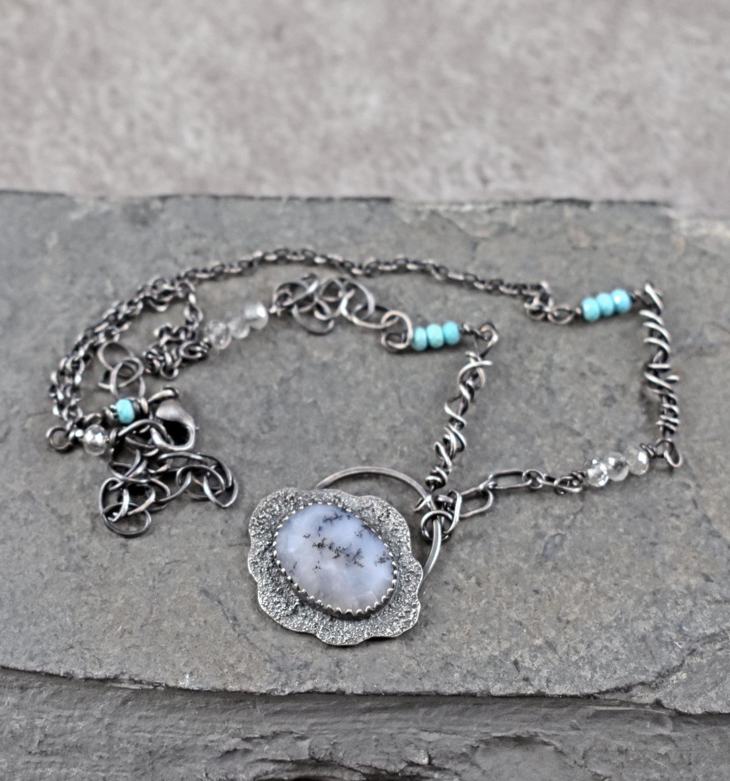 Dendritic Opal, Turquoise, Quartz and Sterling Silver Necklace, Fun Unique Silversmith Jewelry