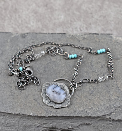 Dendritic Opal, Turquoise, Quartz and Sterling Silver Necklace, Fun Unique Silversmith Jewelry