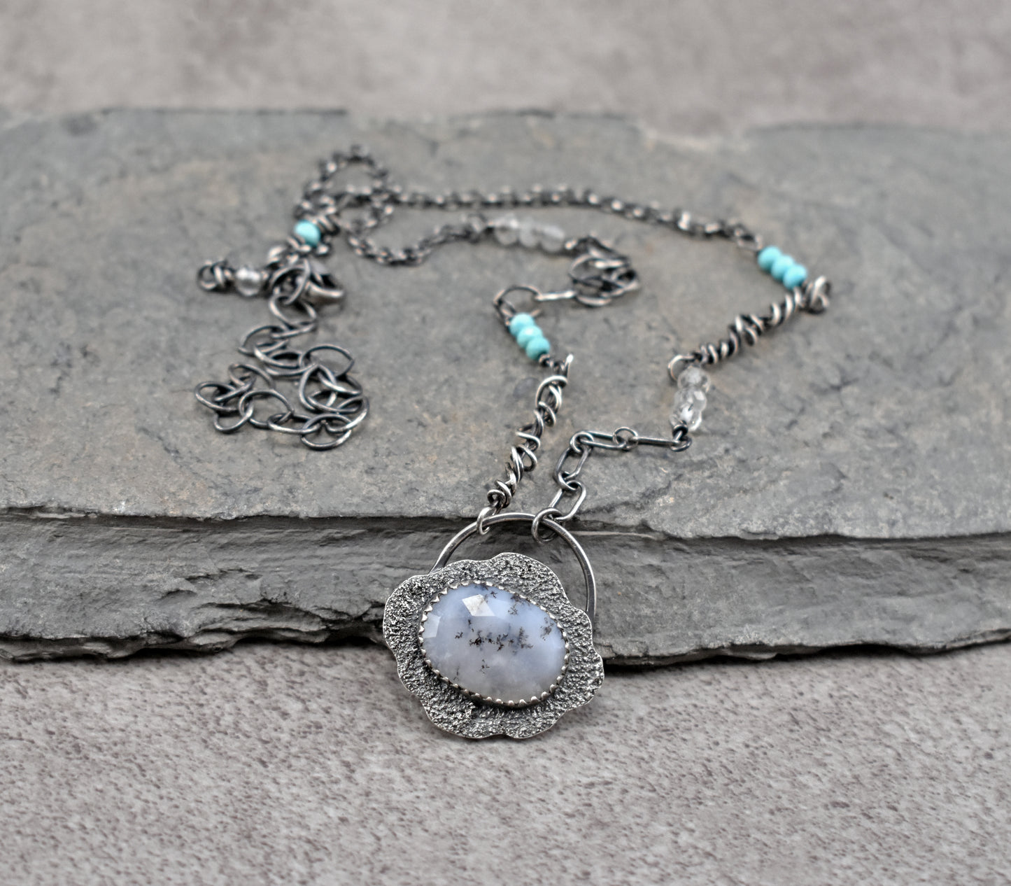 Dendritic Opal, Turquoise, Quartz and Sterling Silver Necklace, Fun Unique Silversmith Jewelry