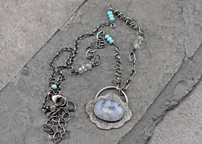 Dendritic Opal, Turquoise, Quartz and Sterling Silver Necklace, Fun Unique Silversmith Jewelry