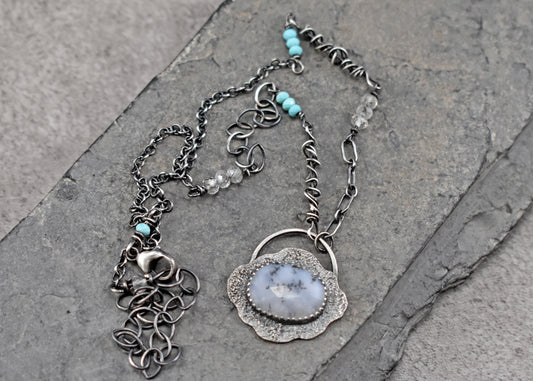 Dendritic Opal, Turquoise, Quartz and Sterling Silver Necklace, Fun Unique Silversmith Jewelry