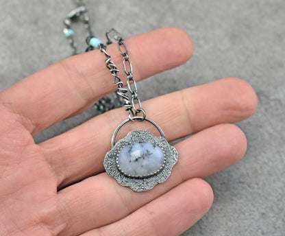 Dendritic Opal, Turquoise, Quartz and Sterling Silver Necklace, Fun Unique Silversmith Jewelry