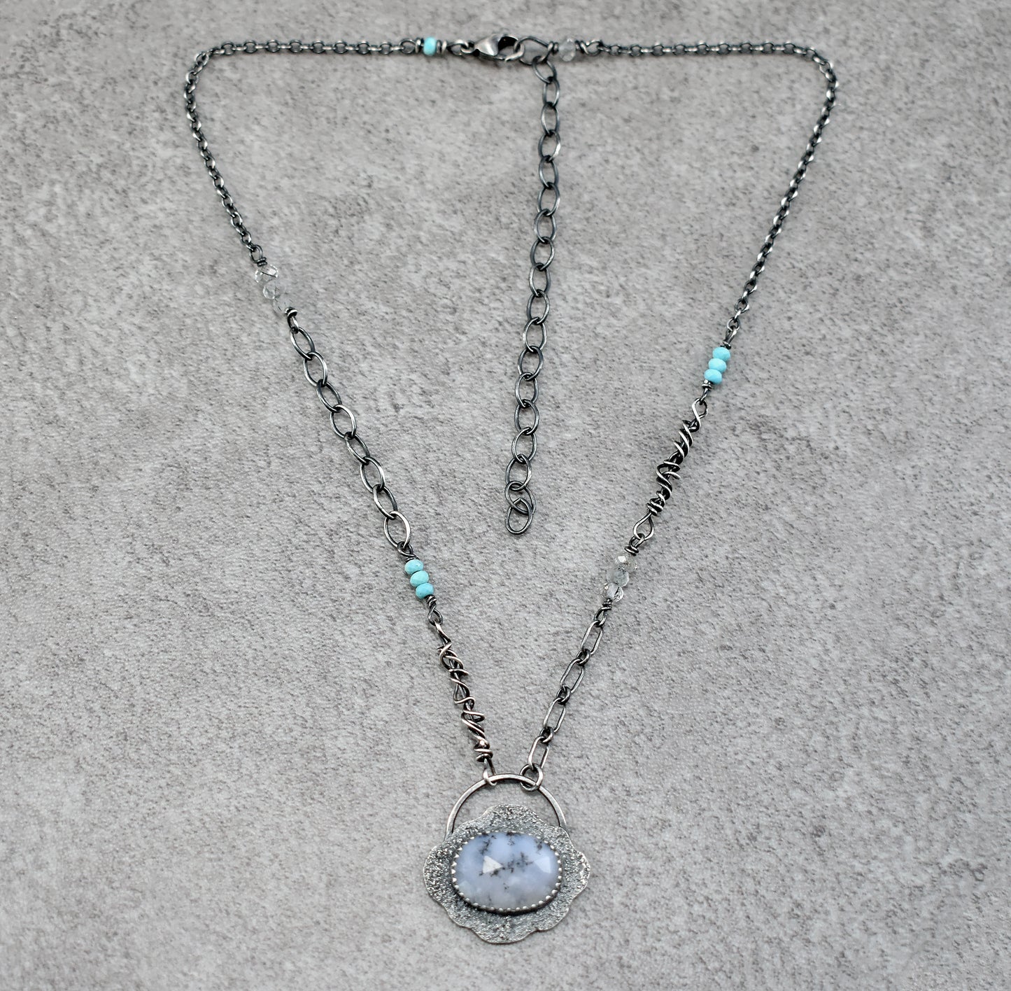 Dendritic Opal, Turquoise, Quartz and Sterling Silver Necklace, Fun Unique Silversmith Jewelry