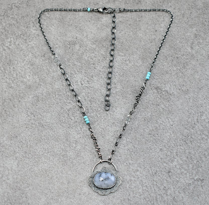 Dendritic Opal, Turquoise, Quartz and Sterling Silver Necklace, Fun Unique Silversmith Jewelry