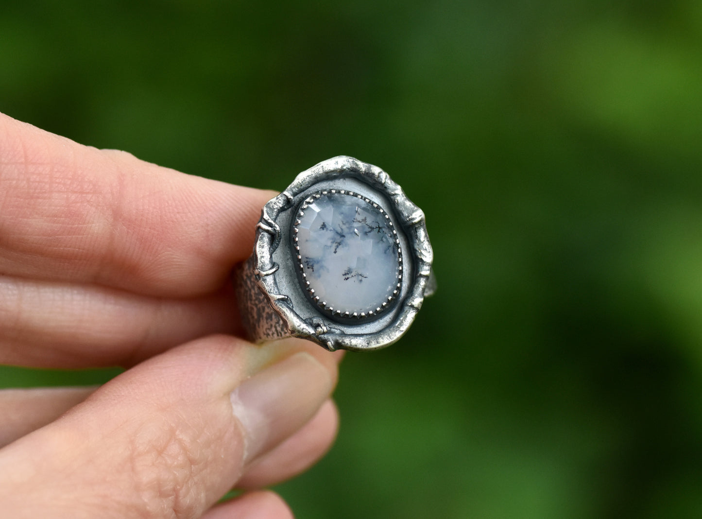 Dendritic Opal and Sterling Silver Wide Band Statement Ring, Artisan Silversmith Jewelry, Size 8.5