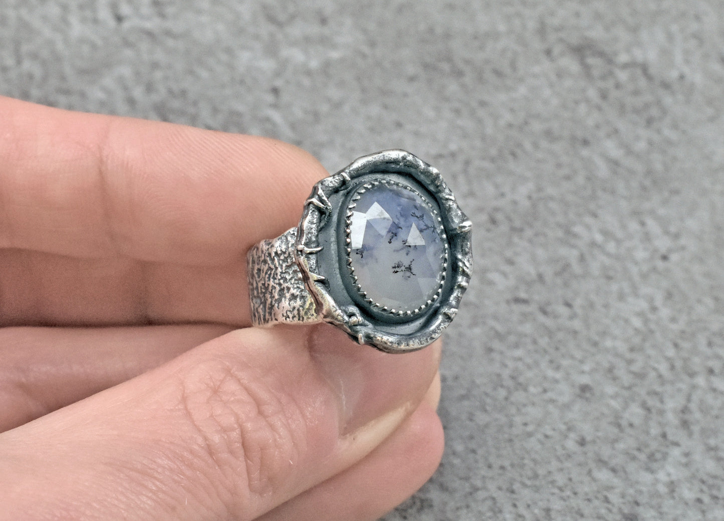 Dendritic Opal and Sterling Silver Wide Band Statement Ring, Artisan Silversmith Jewelry, Size 8.5