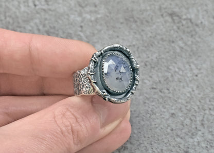 Dendritic Opal and Sterling Silver Wide Band Statement Ring, Artisan Silversmith Jewelry, Size 8.5