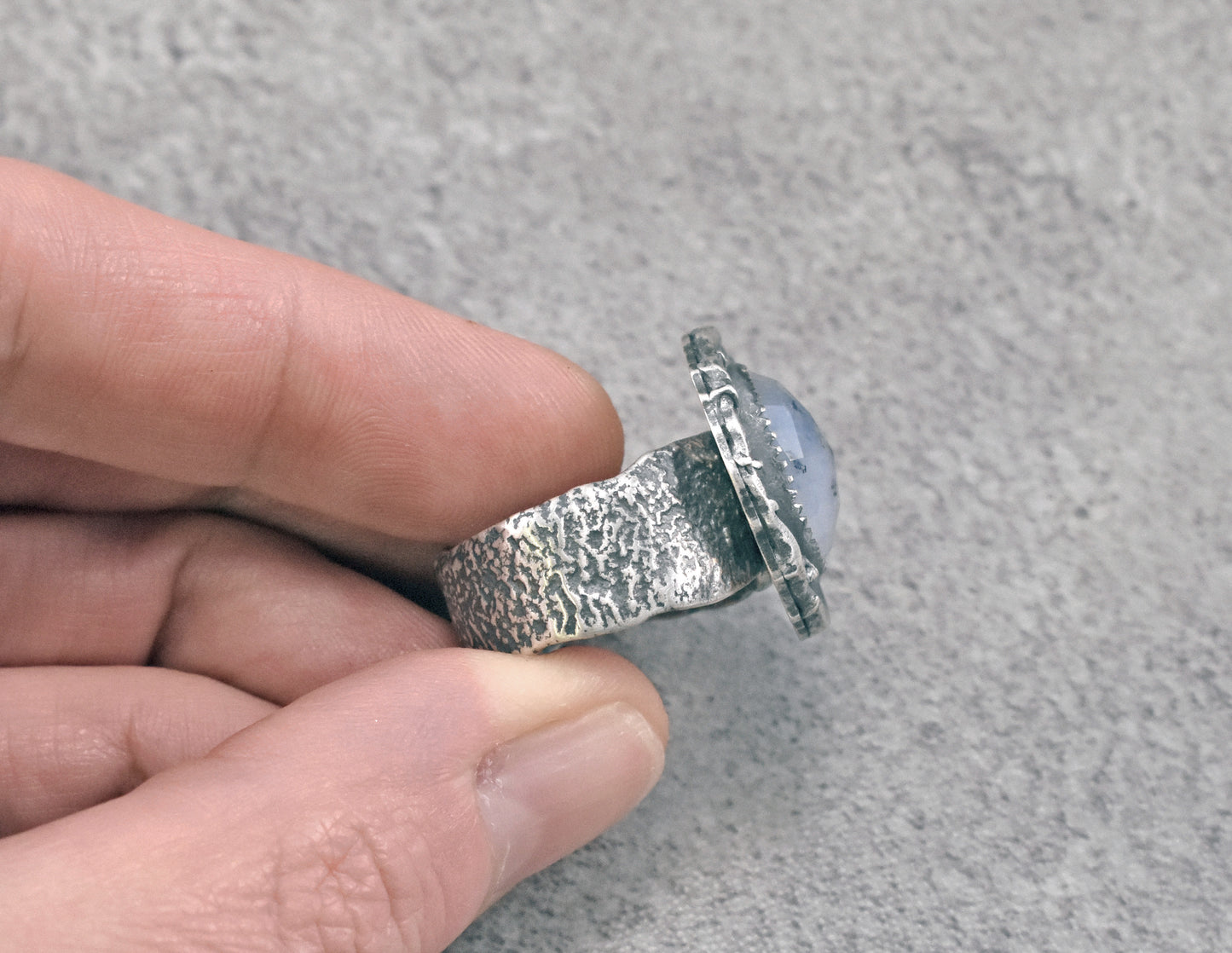 Dendritic Opal and Sterling Silver Wide Band Statement Ring, Artisan Silversmith Jewelry, Size 8.5