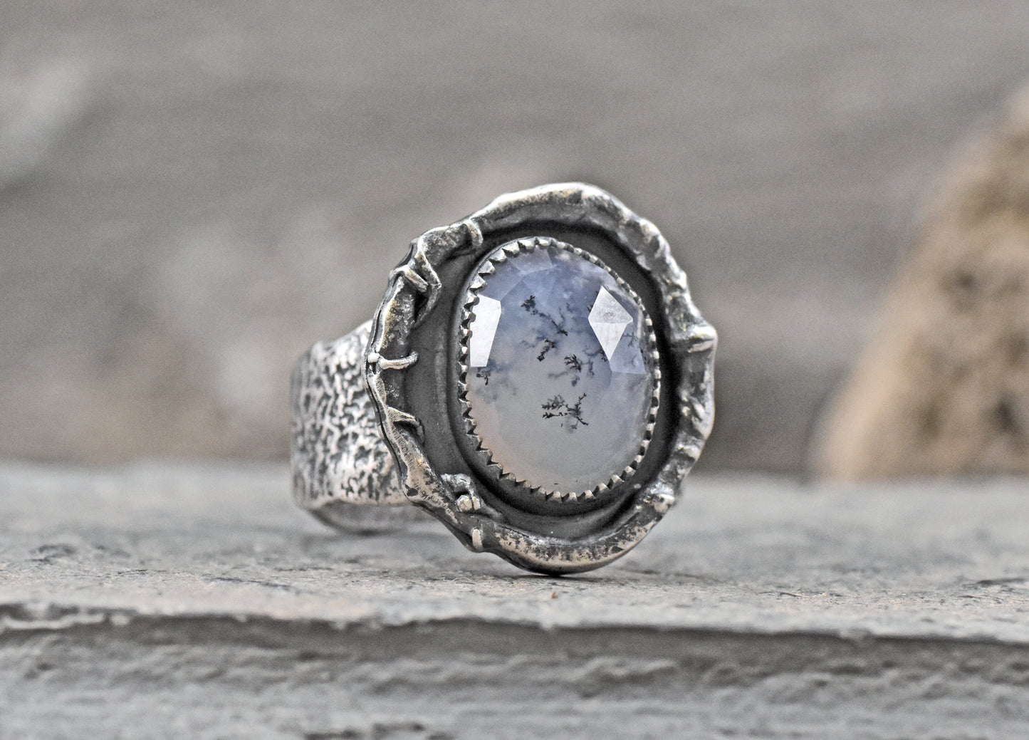 Dendritic Opal and Sterling Silver Wide Band Statement Ring, Artisan Silversmith Jewelry, Size 8.5