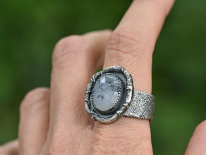 Dendritic Opal and Sterling Silver Wide Band Statement Ring, Artisan Silversmith Jewelry, Size 8.5