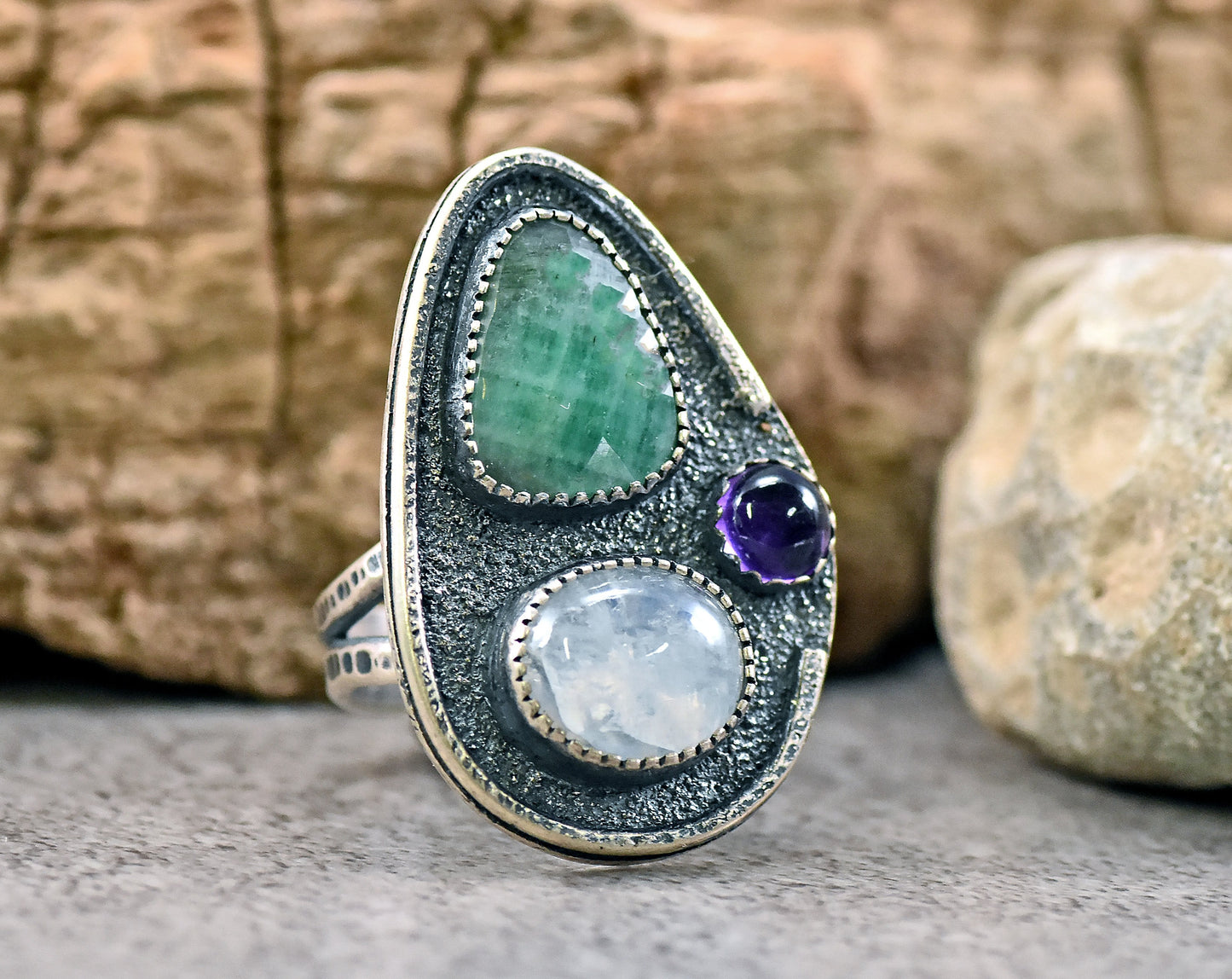 Sterling Silver Statement Ring with Faceted Emerald, Rainbow Moonstone and Amethyst, Size 7.5
