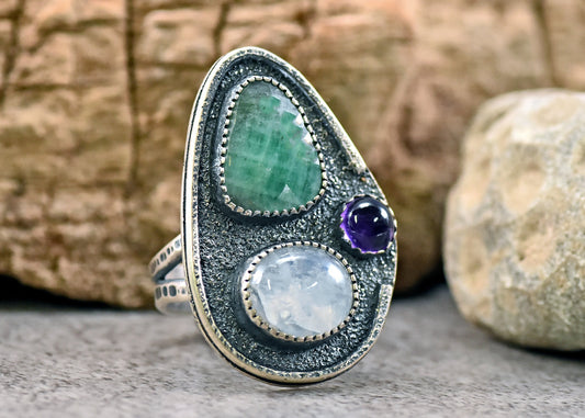 Sterling Silver Statement Ring with Faceted Emerald, Rainbow Moonstone and Amethyst, Size 7.5