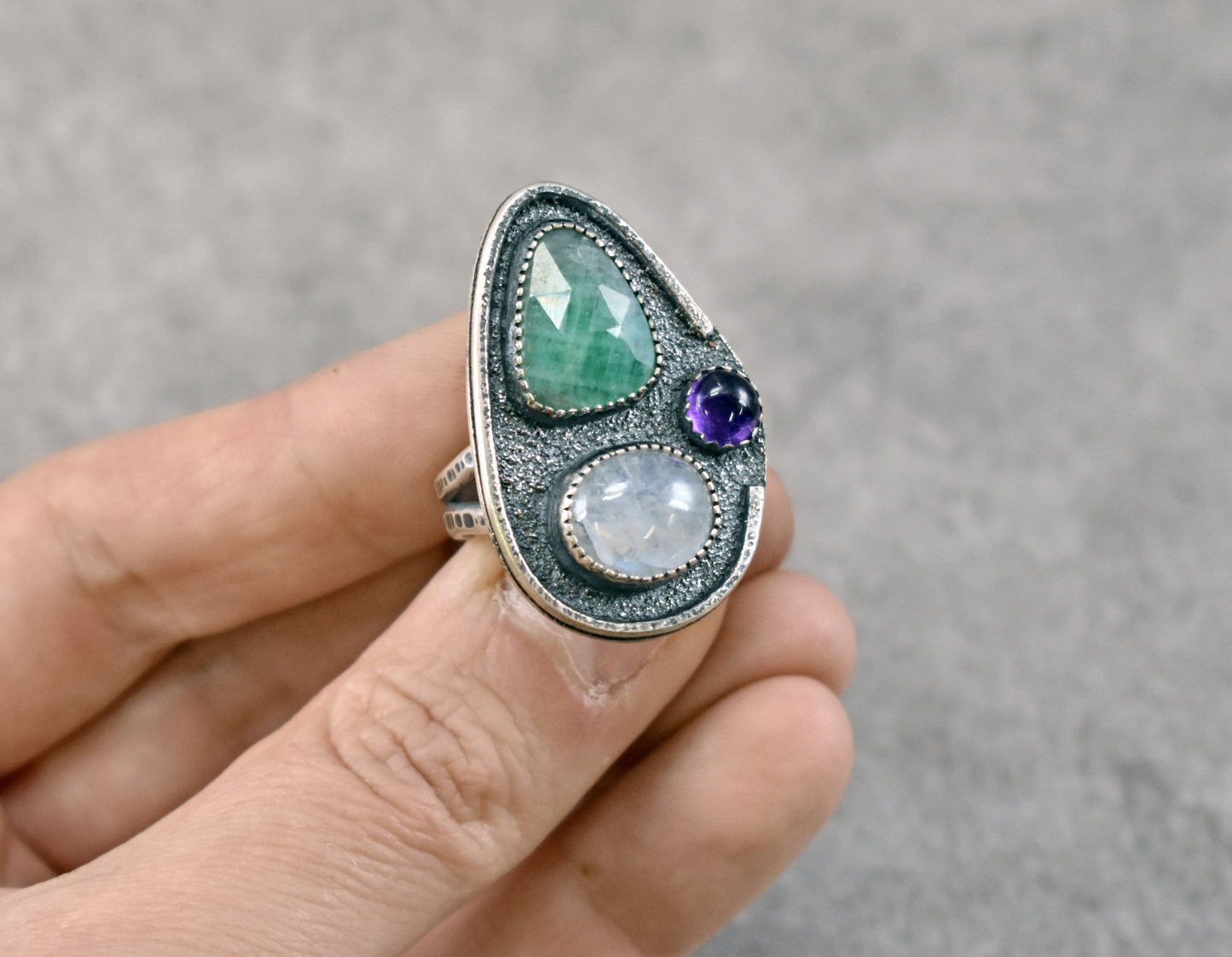 Sterling Silver Statement Ring with Faceted Emerald, Rainbow Moonstone and Amethyst, Size 7.5