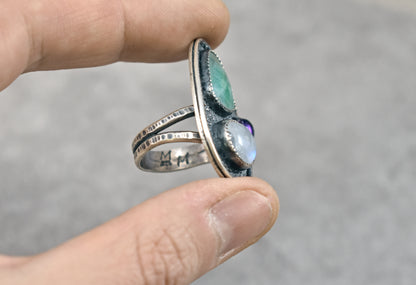 Sterling Silver Statement Ring with Faceted Emerald, Rainbow Moonstone and Amethyst, Size 7.5