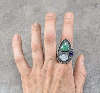 Sterling Silver Statement Ring with Faceted Emerald, Rainbow Moonstone and Amethyst, Size 7.5